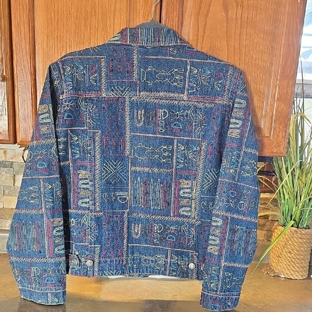 Chico's Blue and Red Patterned Jean Jacket Size 2 (Fits Like A Large) - Picture 2 of 6